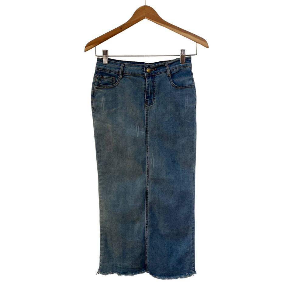 Falmer Heritage Jean  Denim Midi Length Straight Skirt Frayed Hem Back Split